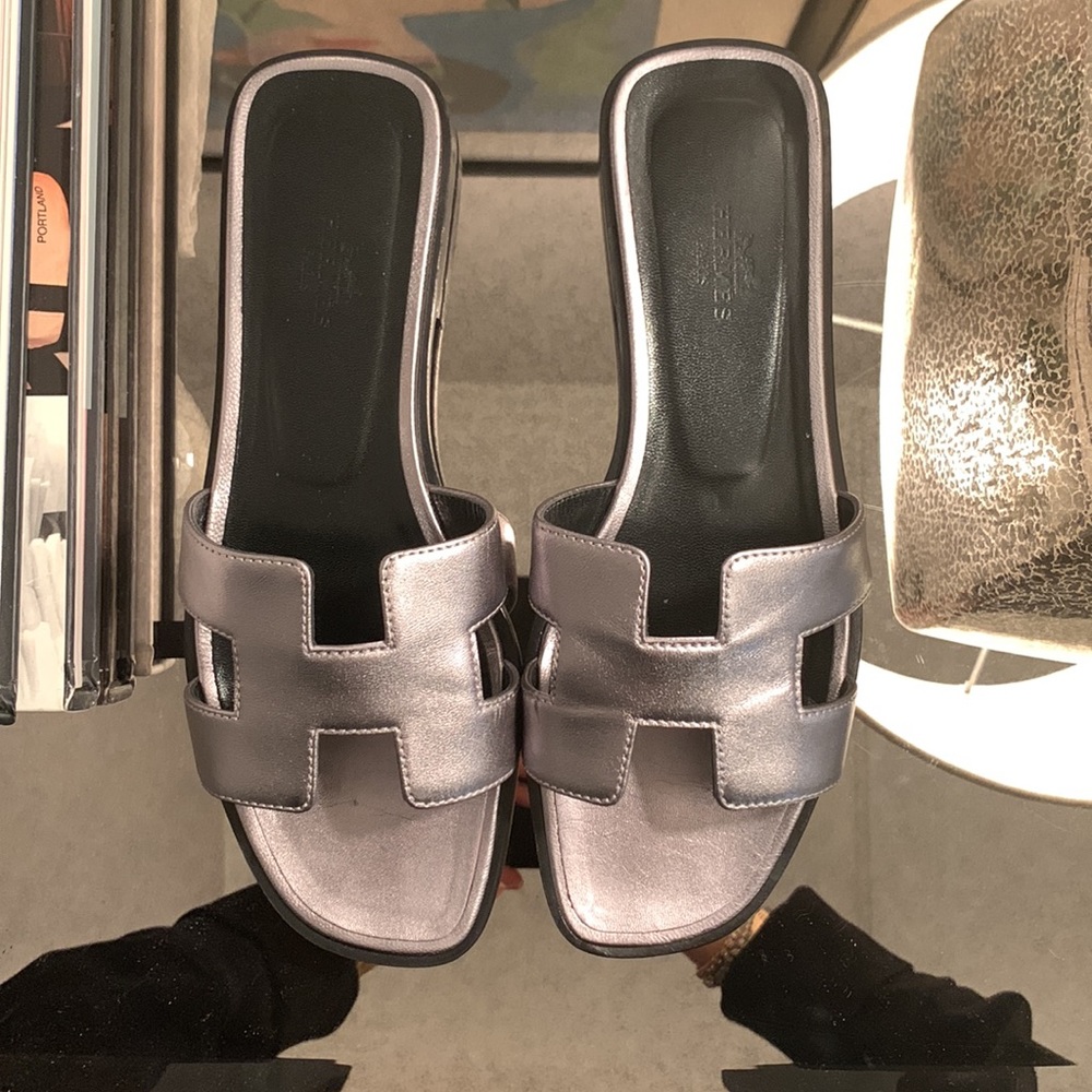 Oran Slide Sandals in Metallic Silver - Picture 5 of 6